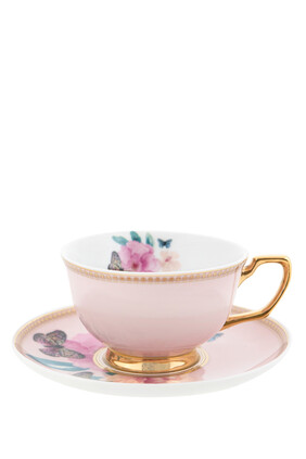 طقم فنجان شاي وطبق بنقشة زهور وفراشات